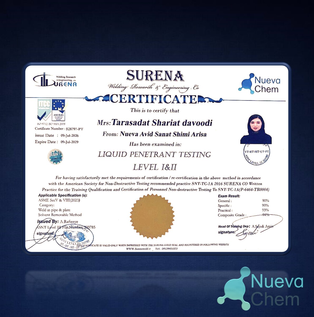NuevaChem team — ASNT Liquid Penetrant Testing Level I & II certificate
