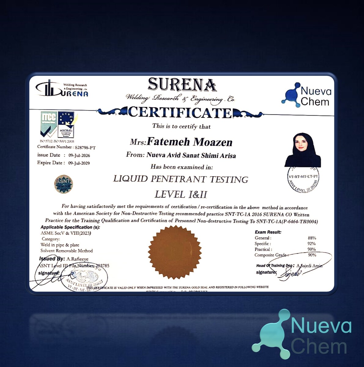 NuevaChem team — ASNT Liquid Penetrant Testing Level I & II certificate